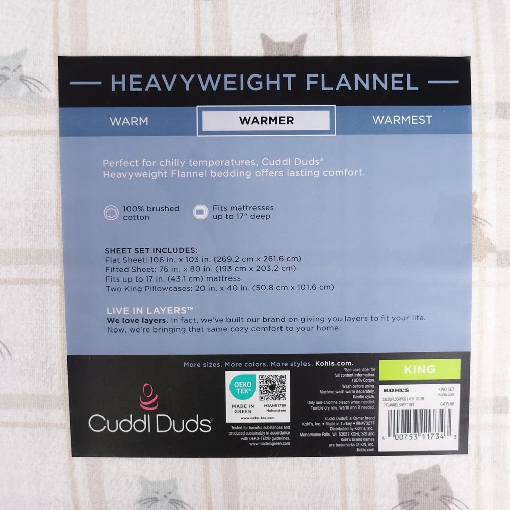 Cuddl Duds King Sheet Set Heavyweight Flannel Cat Plaid White Tan Grey 4pc New